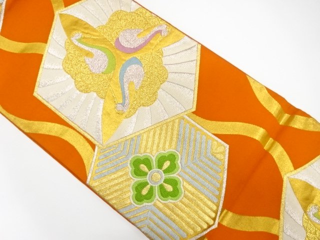 JAPANESE KIMONO / ANTIQUE FUKURO OBI / SILK / WOVEN CRANE & FLOWER